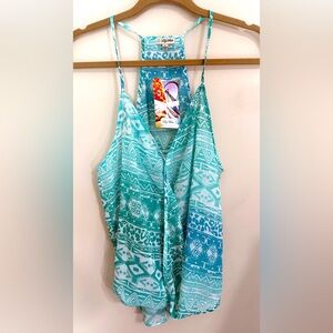 NWT LILY WHITE‎ Womens Sleeveless Blouse L Turquoise Aztec Boho Racerback NEW